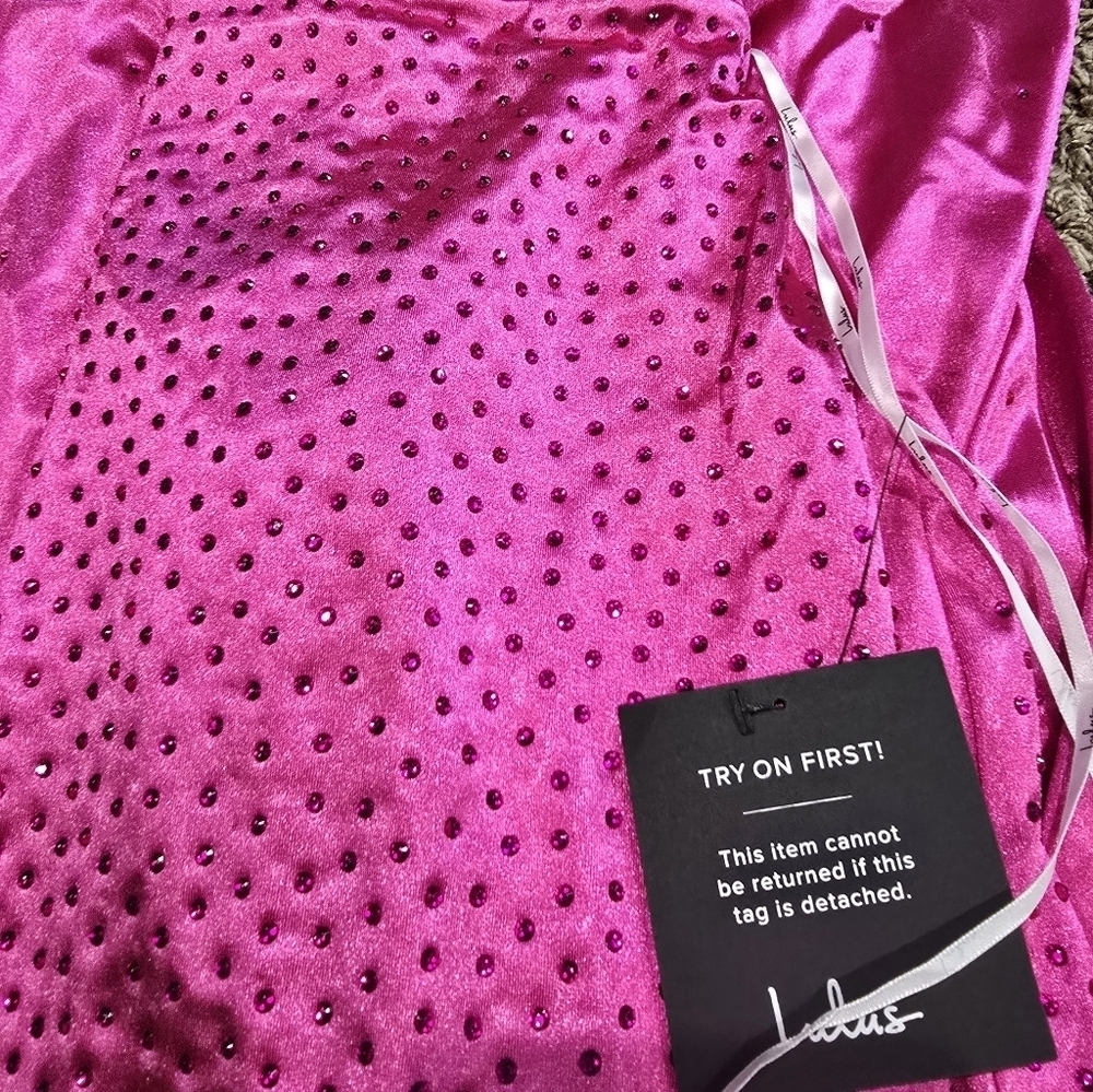 Lulus Radiant Stunner Hot Pink Satin Rhinestone Lace-Up Maxi Dress Size XL NWT - Picture 9 of 9